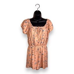 SMALL RUE21 PEACH FLORAL ROMPER RUFFLE COTTAGECORE STRETCH ORANGE